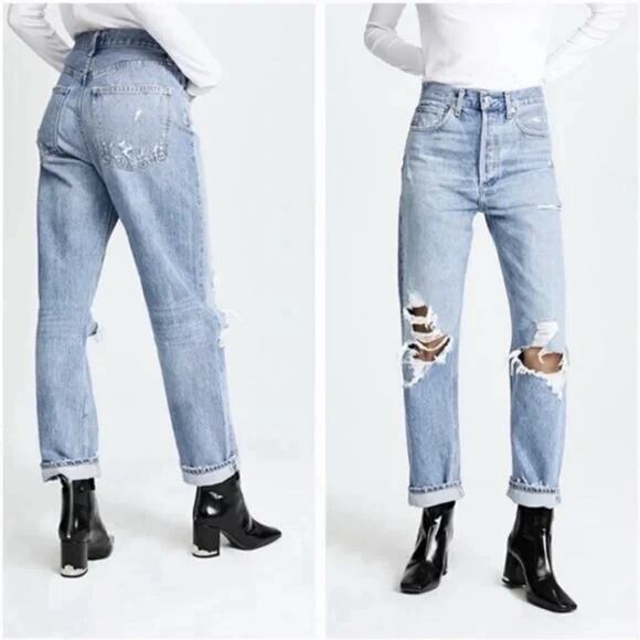 Agolde Light Blue Distressed Straight Leg Jeans - Picture 2 of 15